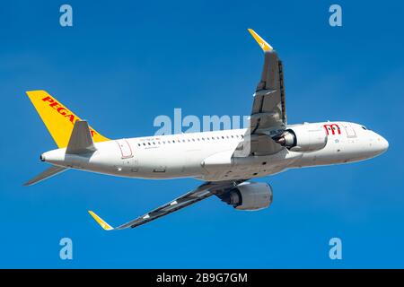 München, 15. Februar 2020: Pegasus Airlines Airbus A320 Neo Flugzeug am Münchner Flughafen (MUC) in Deutschland. Airbus ist ein Flugzeughersteller Stockfoto