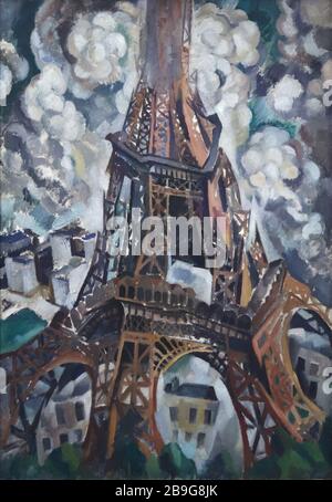 Gemälde "Eiffelturm" des französischen Modernistenmalers Robert Delaunay (1909-1910) in der staatlichen Kunsthalle Karlsruhe (staatliche Kunstgalerie) in Karlsruhe, Baden-Württemberg, Deutschland ausgestellt. Stockfoto