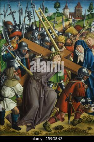 Tafelbild "Christus mit dem Kreuz" des Meisters der Karlsruher Passion (1450-1455) ausgestellt in der staatlichen Kunsthalle Karlsruhe (staatliche Kunstgalerie) in Karlsruhe, Baden-Württemberg, Deutschland. Stockfoto