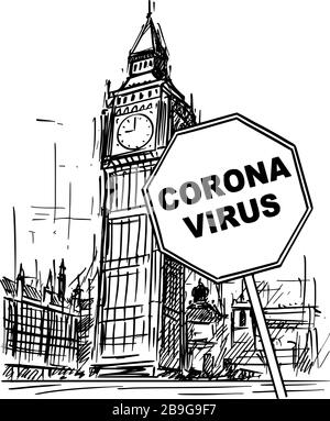 Vektor-Cartoon skizziert grobe Illustration von Großbritannien, London, Big Ben Uhrturm und Coronavirus Kovid-19 Virus-Epidemie-Warnzeichen. Stock Vektor