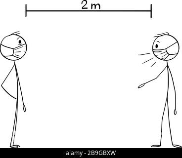 Vector Cartoon Stick Figur Zeichnung Illustration, wie man mit anderen während Coronavirus COVID-19 Epidemie zu sprechen. Halten Sie Abstand. Stock Vektor