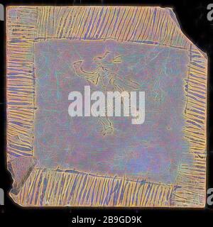 Figurenkachel, nicht bemalt und glasiert, in blauer Tuschenskizze der Mannfigur, mit Streifen gefüllte Ränder, Wandziegelskulptur Boden finden Keramiktöpfer, gebacken 1x bemalter, zerfranster Scheidenplatz. Blau auf unglasierter Fliesenarchäologie Rotterdam-Innenstadt Stadsdriehoek Schielandshuis Handwerk Kachelbäckerei Kommunikation Audio Musik Bodenfindung bei der Renovierung einer der Außenwände des Schielandshuis im Jahr 1868 Stockfoto