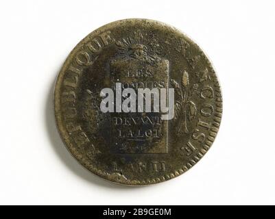 Teil zwei Stockwerke an Tisch und Waage, 1738 Augustin Dupré (1748-182)pièce de deux sols à la table et aux balances, 1710. Cuivre, 17916. Musée Carnavalet, Histoire de Paris. Stockfoto