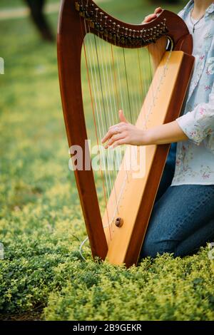 Frau Harfenistin sitzt, spielt Harfe und hat Spaß und Entspannung unter blühenden Frühlingsblumen. Nahaufnahme. Stockfoto