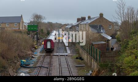 Die ehemalige Bahnklasse 142 der Northern Rail trainiert 142060 + 142028 bei Leyburn, Wensleydale Railway, die ihren ersten Lauf in der Erhaltung machte Stockfoto