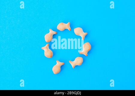 Knackige Fischknacker auf blauem Grund. Einzigartige Sicht, Individualität und eigenständiges Symbol. Stockfoto