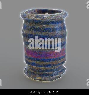 Töpferei polychrom dekorierten Salbe jar, albarello, hohes Modell, Salbe jar pot Halter Boden Keramik Keramik Glasur Glasur aus Zinn finden, Hand gebacken 2 x glasierte Majolika hoher gerader Form mit einschnürungen Unten und Oben Unten cremefarbenen Shard umlaufende Kreise vor allem in Blau und eine in orange auf graue Oberfläche lackiert. Oberfläche grob fertig Archäologie Gesundheitswesen indigenen Töpferei Verpackung Apotheke Medizin Medikamente verkaufen Handwerk Stand Stockfoto