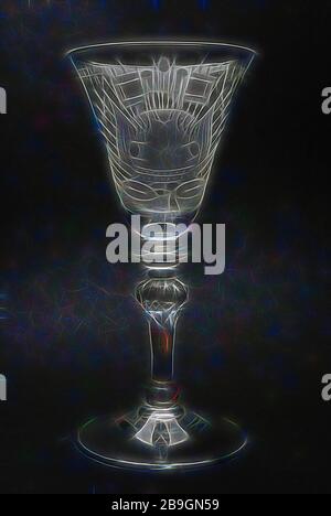 Becher, graviert mit militaria und das Wohlbefinden des Krygsraad von Schiedam, Wein Glas Glas trinken Besteck Geschirr Inhaber führen Glas Glas, Gramm frei geblasen und geformte radgraving polieren Becher wineglass in klare, farblose Leitung Bereich Pontil mark unter runden hohlen aufsteigend Fuß auf massive konvexe Knoten invertiert balustersteam ('Licht Kunst Elemente") mit zwei Reihen von eingeschlossene Luftbläschen (untere Teardrop und Oberseite konvex) zur Abgeflachten Knoten. Trompetenförmigen Kelch Erweiterung nach oben mit dem Rad, die eingravierte Darstellung der Rüstung umgeben von verschiedenen militärischen Attribute wie Spears, ha Stockfoto