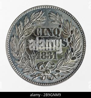 Test für 5-Franken-Stück von Louis Philippe, 1834 Albert-Désiré Barré (1818-1878). Essai pour la pièce de 5 Francs de Louis-Philippe, 1831. Etain. 1831. Paris, musée Carnavalet. Stockfoto