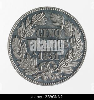 Test für 5-Franken-Stück von Louis Philippe, 1834 Albert-Désiré Barré (1818-1878). Essai pour la pièce de 5 Francs de Louis-Philippe, 1831. Etain. 1831. Paris, musée Carnavalet. Stockfoto