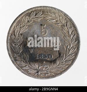 Test für 5-Franken-Stück von Louis Philippe, 1830 Nicolas-Pierre Tiolier (1784-1853). Essai pour la pièce de 5 Francs de Louis-Philippe, 1830. Argent. 1830. Paris, musée Carnavalet. Stockfoto