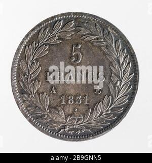 Test für 5-Franken-Stück von Louis Philippe, 1831 Nicolas-Pierre Tiolier (1784-1853). Essai pour la pièce de 5 Francs de Louis-Philippe, 1831. Argent. 1831. Paris, musée Carnavalet. Stockfoto