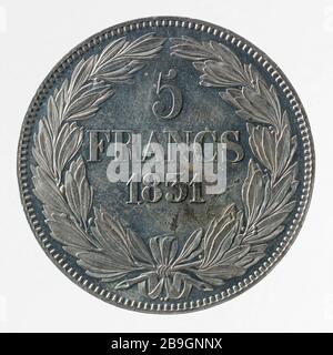 Test für 5-Franken-Stück von Louis Philippe, 1831 Antoine Desboeufs (1793-1862) Essai pour la pièce de 5 Francs de Louis-Philippe, 1831. Etain. 1831. Paris, musée Carnavalet. Stockfoto