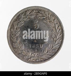 Test für 5-Franken-Stück von Louis Philippe, 1830 Nicolas-Pierre Tiolier (1784-1853). Essai pour la pièce de 5 Francs de Louis-Philippe, 1830. Argent. 1830. Paris, musée Carnavalet. Stockfoto