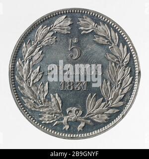 Test für 5-Franken-Stück von Louis Philippe, 1831 André Galle (1761-1844). Essai pour la pièce de 5 Francs de Louis-Philippe, 1831. Etain. 1831. Paris, musée Carnavalet. Stockfoto