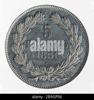 Test für 5-Franken-Stück von Louis Philippe, 1831 Joseph François Domard (1792-1858). Essai pour la pièce de 5 Francs de Louis-Philippe, 1831. Etain. 1831. Paris, musée Carnavalet. Stockfoto