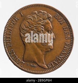 Sonderprüfung für das 5-Franken-Stück von Louis Philippe, 1833 Nicolas-Pierre Tiolier (1784-1853). Essai particulier pour la pièce de 5 Francs de Louis-Philippe, 1834. Cuivre. Im Jahr 1834. Paris, musée Carnavalet. Stockfoto