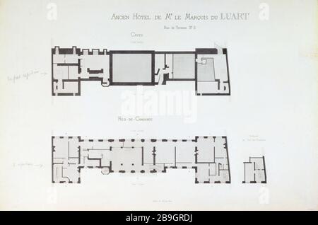 Karte des Untergeschosses und des Erdgeschosses des Hotel du Marquis Luart, 11 rue de Varenne Anonyme. Plan de la cave et du rez-de-chaussée de l'Hôtel du Marquis du Luart, 11 rue de Varenne. Paris (VIIème arr.). Pflaume, lavis d'encre de Chine. Paris, musée Carnavalet. Stockfoto