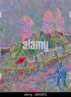 Vincent van Gogh: Häuser und Figur, Vincent van Gogh, 1890, Öl auf Leinwand, Van Gogh malte diese Landschaft im letzten Jahr seines Lebens, als er Patient in einem Asyl in Saint-Remy in der Nähe von Arles war. Mit einem begrenzten Zugang zur freien Natur musste Van Gogh malen, was man aus dem Fenster sehen konnte - oder, wie hier, was er in seinem Sinne fotografieren konnte. Dieses Gemälde erinnert an seine Heimat Niederlande und zeigt die strohgedeckten Cottages, die die holländische Landschaft durchzogen haben und die ein häufiges Thema seiner frühen Leinwände waren. Für Van Gogh stellten diese ländlichen Strukturen ein einfacheres, mehr autes dar Stockfoto