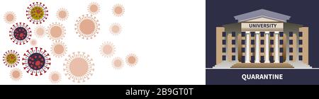 Coronavirus weltweit. Universitätsgebäude auf blauem Hintergrund. Universität unter Quarantäne gestellt. Schutz der Gesundheit der Studenten. Coronavirus-Partikel. Medizinische Corona Stock Vektor