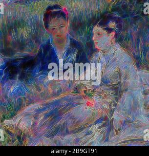 Pierre-Auguste Renoir: On the Grass (Jeunes femmes assises dans l'herbe), Pierre-Auguste Renoir, c Im Jahr 1873, Öl auf Leinwand, entspannen sich zwei Frauen, die modische Kleider tragen, im Gras; eine, so scheint es, hat gerade einen Blumenstrauß gepflückt. Es ist schwer zu sagen, ob die Szene in einem Pariser Garten stattfindet - vielleicht in einem privaten, überwucherten - oder ob die Frauen auf dem Land irgendwo außerhalb der Stadt sind. Klar ist, dass Renoir hier en plein aire malte und seine Leinwand nach draußen brachte, um direkt vor seinem Thema zu arbeiten. Beachten Sie, wie aufmerksam er auf die sich ändernden Bedingungen der nat ist Stockfoto