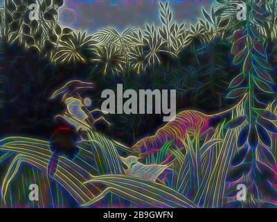 Henri Rousseau: Pfadfinder, die von einem Tiger angegriffen wurden (Éclaireurs attaqués par un tigre), Henri Rousseau, 1904/05, Öl auf Leinwand, der autodidaktische Künstler Henri Rousseau schuf seine enormen Dschungelszenen, indem er die Pflanzen und Taxidermtiere in den Naturkundemuseen von Paris untersuchte. Diese Werke wurden auf dem Höhepunkt der Kolonialzeit gemalt und waren beim Pariser Publikum beliebt für ihre theatralische Darstellung der fernen Gegenden Frankreichs als exotisch und gewalttätig. Insgesamt: 47 7/8 x 63 3/4 Zoll. (121,6 x 161,9 cm) Stockfoto