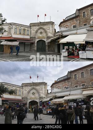 (200324) -- ISTANBUL, 24. März 2020 (Xinhua) -- Combo-Foto zeigt den geschlossenen Eingang des großen Basars von Istanbul am 24. März 2020 (oben) und den Basar mit normalem Betrieb am 14. Januar 2019 (unten) in Istanbul, Türkei. Der Basar war seit Montag geschlossen, als Teil der Bemühungen, die Verbreitung von COVID-19 einzudämmen. Die Zahl der Todesopfer durch die COVID-19-Infektion in der Türkei stieg auf 37, nachdem am Montag sieben weitere Todesfälle hinzukamen, sagte der türkische Gesundheitsminister Fahrettin Koca. Die Gesamtzahl der bestätigten COVID-19-Fälle in der Türkei stieg nach Angaben des Ministers auf 1.529. (Xinhua/Xu Suhui) Stockfoto