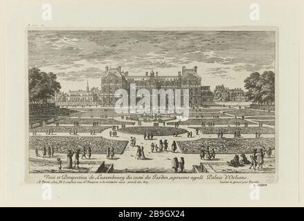 BLICK UND PERSPEKTIVE AUF LUXEMBURG DIE SEITE DES GARTENS, EIN PALAST NAMENS ADAM PERELLE (1640-1695). "Vue et perspective de Luxembourg du côté du jardin, a présent appelé Palais d'Orléans". Eau-forte, vers 1660. Paris, musée Carnavalet. Stockfoto