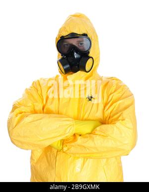 Mann in biologischer Gefahrenklage. Covid-19-Konzept. Stockfoto