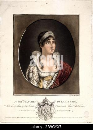 Josephinische Tascher von Lapagerie Levachez. "Joséphine Tascher de Lapagerie, née le 24 juin, sacrée et couronnée Impératrice des Français". Tiefdruck. Paris, musée Carnavalet. Stockfoto