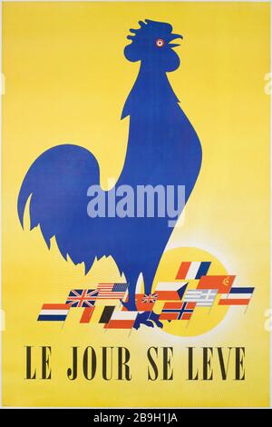 DER TAG BEGINNT mit "Le jour se lève". Lithographie couleur. Paris, musée Carnavalet. Stockfoto