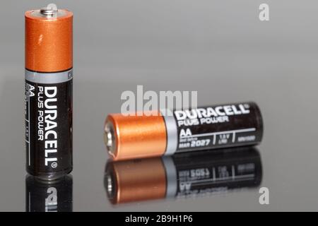 Maastricht, niederlande 03/11/2020 isolierte duracell AA Alkaline-Batterien mit Reflexionshintergrund Stockfoto