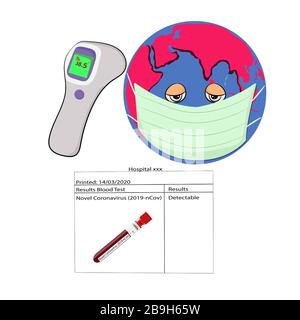 Zeichnung von Vector World Cartoon Sick mit Coronavirus COVID-19 und tragen einer medizinischen Maske, um das pandemische Corona Covid-19-Virus weltweit zu verhindern Stock Vektor
