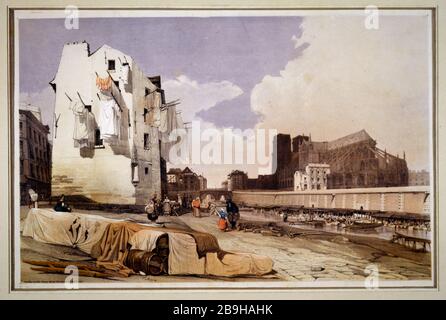 Notre Dame, vom Quai Saint Bernard aus gesehen. Thomas Shotter Boys (1803-1874). "Notre-Dame, vue du quai Saint-Bernard". Paris (IVème arr.). Lithographie couleur. Paris, musée Carnavalet. Stockfoto