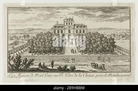 HAUS AM MONT-LOUIS REVEREND VATER DES STUHLS, IN DER NÄHE VON MENILMONTANT PERELLE/CHEZ MARIETTE. "La maison de Mont-Louis au R. Père de la Chaise, près de Ménilmontant". Eau-forte, vers 1710. Paris, musée Carnavalet. Stockfoto