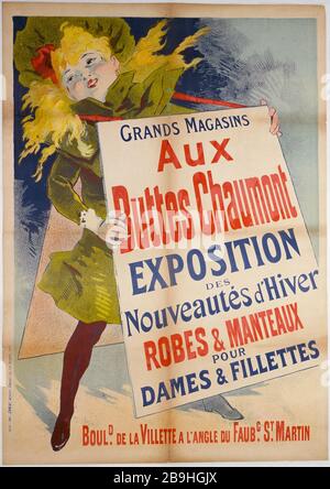 KAUFHÄUSER ZU BUTTES CHAUMONT, AUSSTELLUNG DES NEUEN WINTERS, BOULD. DIE VILLETTE Jules Cheret. Imprimerie Chaix. Grands Magasins Aux Buttes Chaumont, Exposition des Nouveautés d'Hiver, Boulevard de la Villette. Affiche. Lithographie couleur, 1890. Paris, musée Carnavalet. Stockfoto