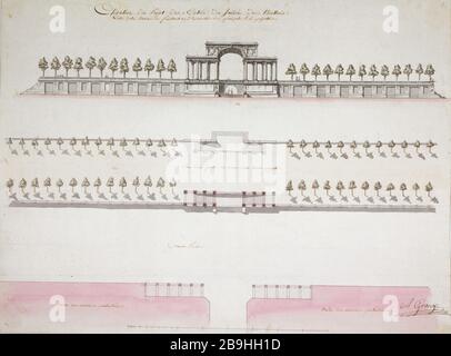Höhe des Projekts vom Eingang der Tuileries Gardens Avrillet-Grange (fin XVIIIè-début XIXème siècle). "Elévation du projet de l'entrée du jardin des Tuileries, côté de la Terrasse du feuillant". Aquarelle, Plume et lavis. FIN XVIIIème siècle. Paris, musée Carnavalet. Stockfoto