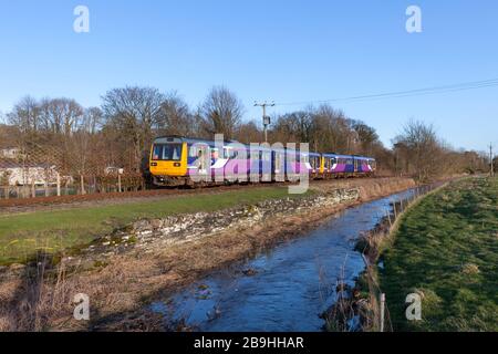 Die ehemaligen 142-Pacer-Züge der Northern Rail Class 142028 + 142060 passieren Leyburn an ihrem ersten Arbeitstag in der Erhaltung der Wensleydale Bahn Stockfoto