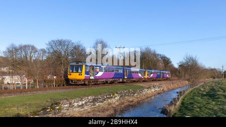 Die ehemaligen 142-Pacer-Züge der Northern Rail Class 142028 + 142060 passieren Leyburn an ihrem ersten Arbeitstag in der Erhaltung der Wensleydale Bahn Stockfoto