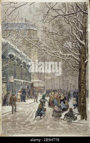 STRASSE BREZIN AVENUE DU MAINE UND MARKTPLATZ IM BEZIRK DES BEZIRKS XIV. KOHLE zu haben, Félix Brard. "Rue Brézin, Avenue du Maine et Place du marché dans le XIVème arronoire. Pour avoir du charbon, mars 1917'. Dessin. Paris, musée Carnavalet. Stockfoto