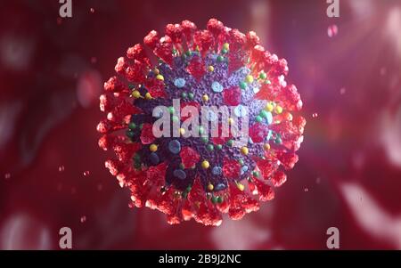 Mikroskopische Ansicht von Coronavirus COVID-19. Erregervirus Atemcoronavirus 2019-ncov Grippeausbruch. Medizinische 3D-Abbildung. 3D-Rendering. Stockfoto