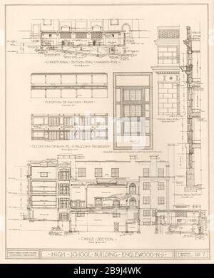 High School Building, Englewood, New Jersey. Abschnitte Höhenlagen planen. Zeichnung #7, Ernest Sibiley & John J. Ferry, Associated Architects (1919) Stockfoto