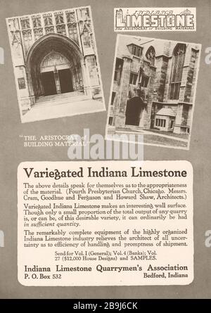 Vierte Presbyterian Church, Chicago. Indiana Limestone Quarrymen's Assn. PO Box 532, Bedford, Indiana (1919) Stockfoto