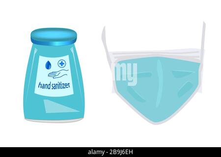 Handdesinfektionsmittel und medizinische Maske isoliert auf weißem Hintergrund. Prävention medizinische Maske und Händededesinfektionsgel für den Schutz vor Handhygiene. Vektor Stock Vektor