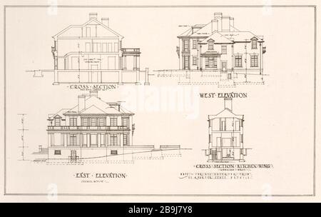 Earle P. Charlton Residenz, Westport Harbor, Massachusetts. West-/Osthöhen, Abschnitt. Parker Morse Hooper, Architekt, Frank C. Farley. (1919) Stockfoto