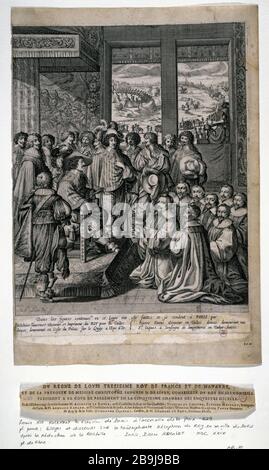 König Ludwig XIII. Hörte die Harangue des Provost der Kaufleute von Paris, Samstag, 23. Dezember 1628, bei seiner Rückkehr von La Rochelle Abraham Bosse (1602-1676). "Le Roi Louis XIII écoute la harangue du prévôt des Marchands de Paris, le samedi 23 décembre 1628, à son retour de La Rochelle". Tiefdruck. Paris, musée Carnavalet. Stockfoto