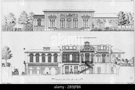 HAUS SAINT CITIZEN FOIX Maison du citoyen Saint Foix, côté jardin. Tiefdruck de Charles Nicolas Ransonnette d'après un dessin de Krafft. Paris, musée Carnavalet. Stockfoto