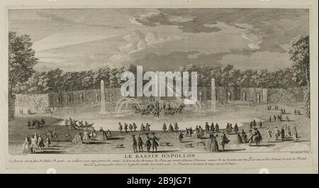 BECKEN VON APOLLO IM GARTEN VON VERSAILLES 'Le Bassin d'Apollon dans le jardin de Versailles'. Tiefdruck de Jacques Rigaud (1681-1754). Paris, musée Carnavalet. Stockfoto