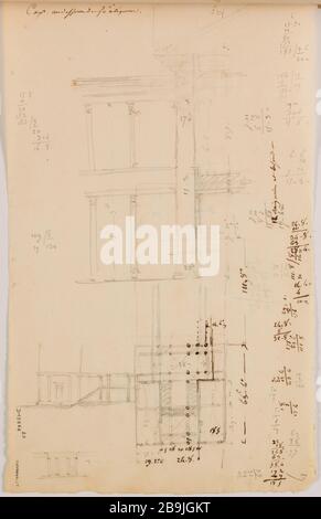 Villa Peligot Enghien: Erhöhung einer Fassade mit Säulen, Skizzen und geschnittenen Szenen. Charles Rohault de Fleury (1801-1875). Album de 34 dessins d'Architecture : Villa de M. Péligot à Enghien : élévation d'une façade avec colonnes, coupé et Plan-croquis. Crayon. Paris, musée Carnavalet. Stockfoto
