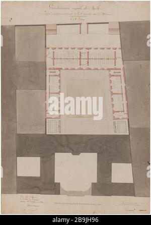 Baracke rue de Tournon: Karte des Erweiterungsprojekts der 1. Und 2. Etage. Charles Rohault de Fleury (1801-1875), Dessinateur. Album de 72 dessins d'Architecture. Caserne rue de Tournon: Plan du projet d'agrandissement des 1er et 2e étages. Plume et encre noire, lavis gris, Rose, vert, brun et bleu. Paris, musée Carnavalet. Stockfoto